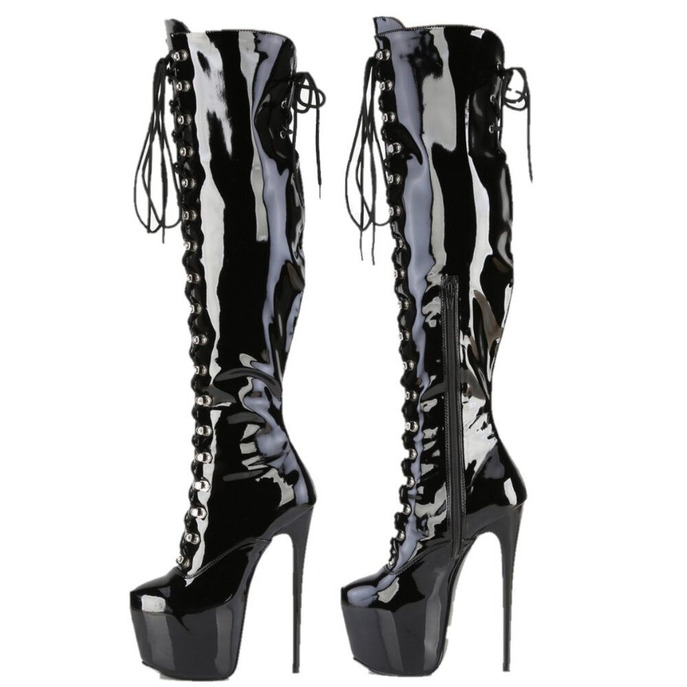Juicy 3015 Black Patent Slim 7" Stiletto Platform Lace Up Over The Knee Boots